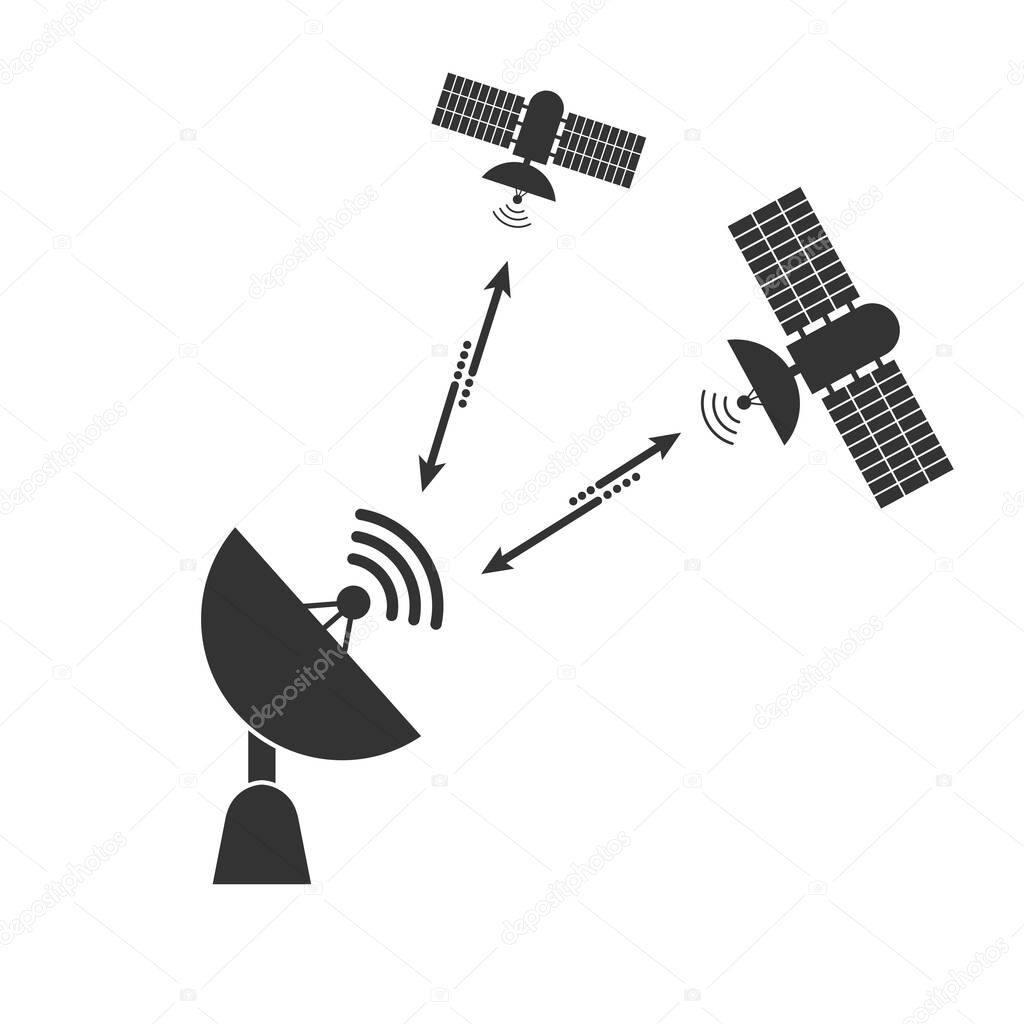 satellite dish communicates with a signal from a space satellite. Simple flat design.