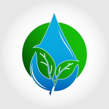 Bir damla suda, bir bitkinin iki yaprağı ekolojinin sembolü olan çemberin arka planında kesilir. Siteler ve uygulamalar için logo, logo veya çıkartma. Logo, web siteleri, uygulamalar, kartpostallar veya kartvizitler için bir amblem veya çıkartmadır.