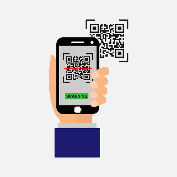 Vector icon. The smartphone in your hand scans the QR code. Simple flat design for website and app
