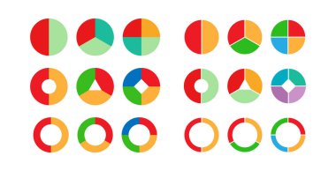 2, 3, 4 adımlık renkli turta grafikleri. İş planı, bilgi ve raporlama. Basit tasarım, hisse vektörü çizimi.