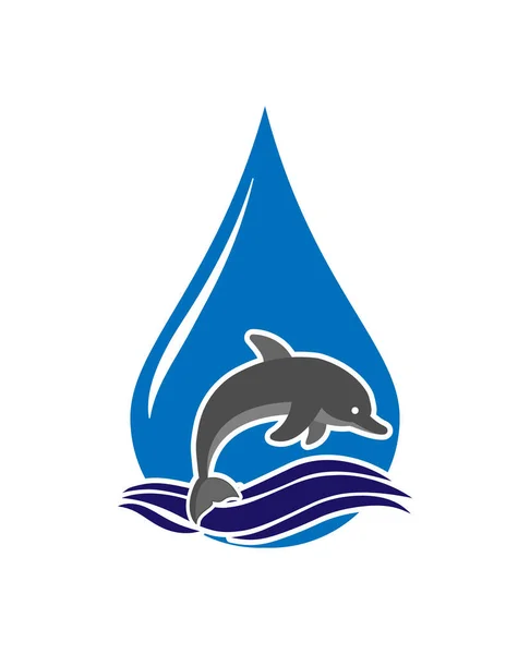 Delfín Salta Las Olas Sobre Fondo Una Gota Agua Logo — Vector de stock
