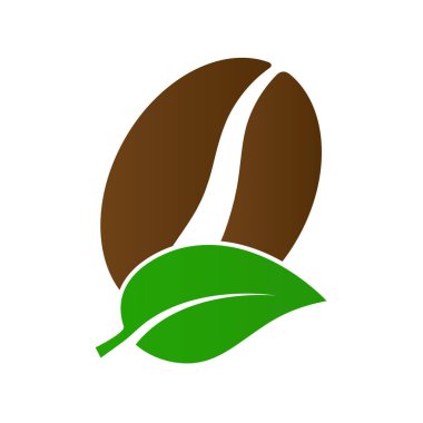 Kahve çekirdeği ve bitki yaprağı. Logo, amblem, çıkartma ve çıkartma için biçimlendirilmiş vektör çizimi. Düz dizayn beyaz arkaplanda izole edildi.