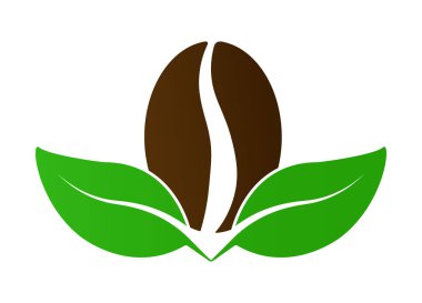 Kahve çekirdeği ve bitki yaprağı. Logo, amblem, çıkartma ve çıkartma için biçimlendirilmiş vektör çizimi. Düz dizayn beyaz arkaplanda izole edildi