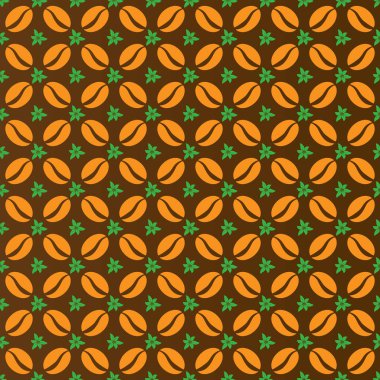 Kahve çekirdekleri ve yaprakların kusursuz deseni. Ambalaj kağıdı, ekran koruyucu, arka plan, doku ve kabartma için stok çizimi. Düz Desen