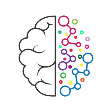 Beynin sol ve sağ yarımküresi. Yapay zekanın geometrik yapısı. Stok vektör illüstrasyonu beyaz arkaplanda izole edildi. Düz tasarım