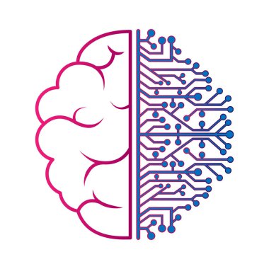  Beynin sol ve sağ yarımküresi. Yapay zeka. Beyaz arka planda izole edilmiş ince çizgiler, boş ana hatlar. Düz tasarım