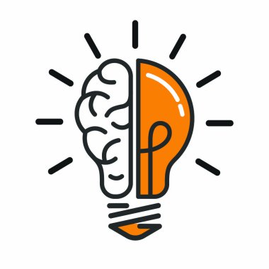 Sol ve sağ beyin yarım küreleri bir ampulde. Bir fikir ya da düşüncenin inşası. Stok vektör illüstrasyonu beyaz arkaplanda izole edildi. Stok vektör illüstrasyonu beyaz arkaplanda izole edildi. boş çokgen. Düz tasarım.