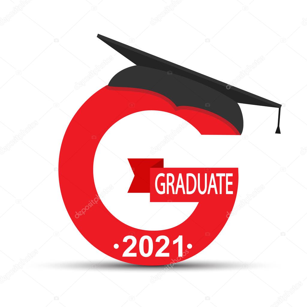 Stylized letter G with the inscription Graduate 2021 and the graduate cap. Simple stock design.