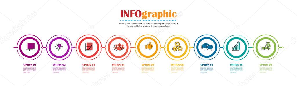 Infographics. Stock vector template of nine stages. For web page design, charts, graphs, business plan and Finance, reporting and visual aid. Flat design
