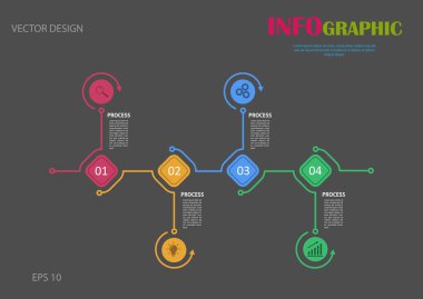 Bilgi grafikleri. Dört aşamalı hisse senedi vektör şablonu. Web sayfası tasarımı, grafikler, iş planı ve finans, raporlama ve görsel yardım için. Düz tasarım