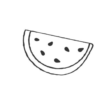 Doodle tarzında karpuz dilimi. Tasarım ve tema tasarımı için beyaz bir arkaplan üzerinde izole edilmiş Doodle biçimi ile vektör çizimi