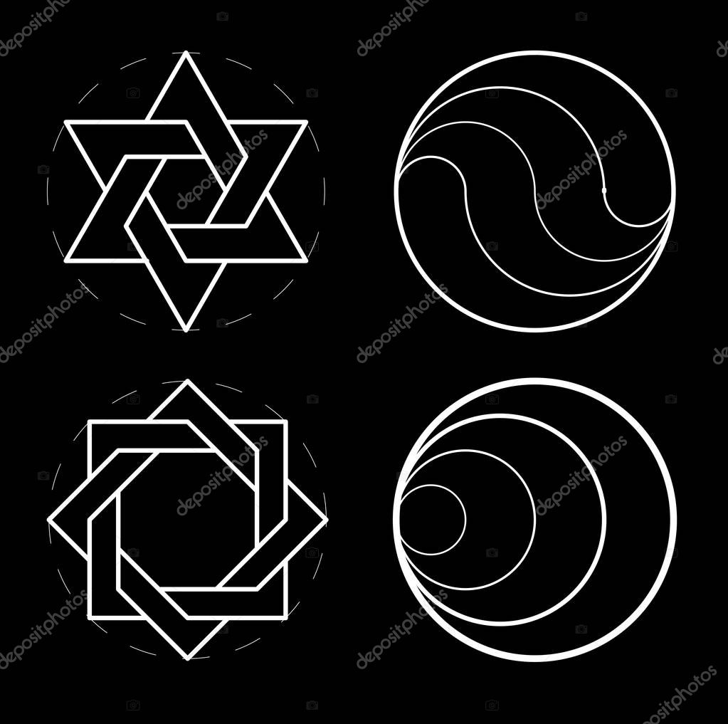 Set of geometric shapes. Sacred geometry, golden ratio. Construction of figures. The circular composition. Construction of stars. Vector drawing of a black background.