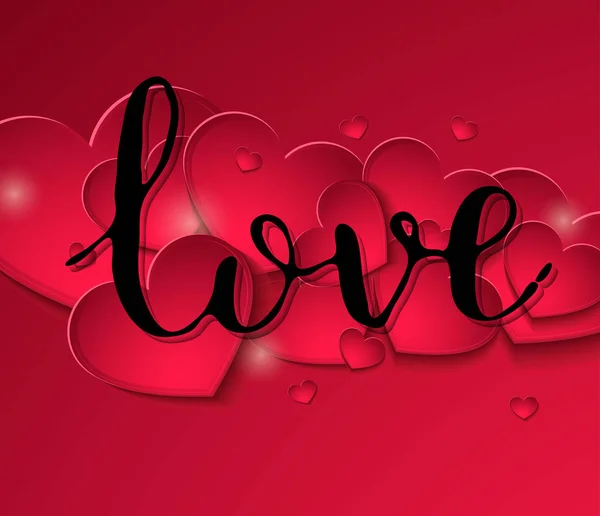 Kırmızı kalplerin bir arka plan üzerinde el yazısı yazıt aşk iyi Ziyafet. — Stok Vektör