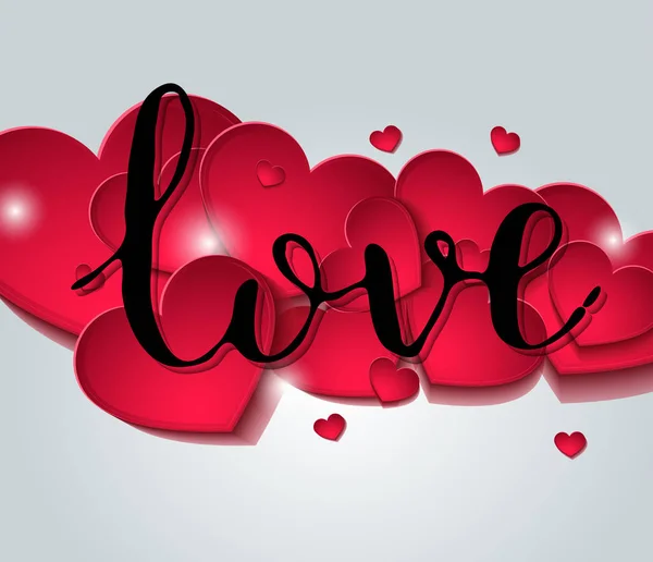 Ωραία γιορτή αγάπη ιδιόχειρη επιγραφή σε ένα φόντο από κόκκινες καρδιές. — Διανυσματικό Αρχείο