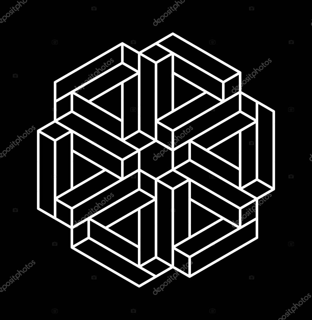Unreal impossible shape, optical illusion. Sacred geometry.  Memphis style. vector 10 EPS.