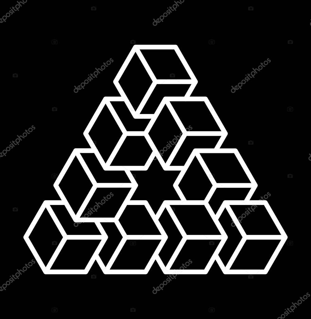 Penrose triangle. Vector logo template. Impossible triangle shape. Sacred geometry sign made in stippling technique. Isolated symbol. Pointillism. Penrose tribar.