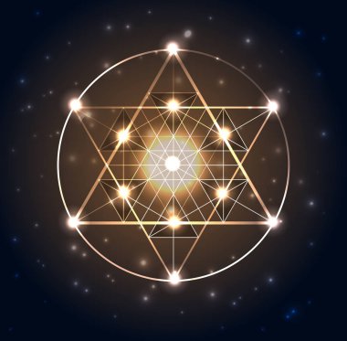 Kutsal geometri. Koyu mavi parlak arka plan üzerinde soyut geometrik şekiller