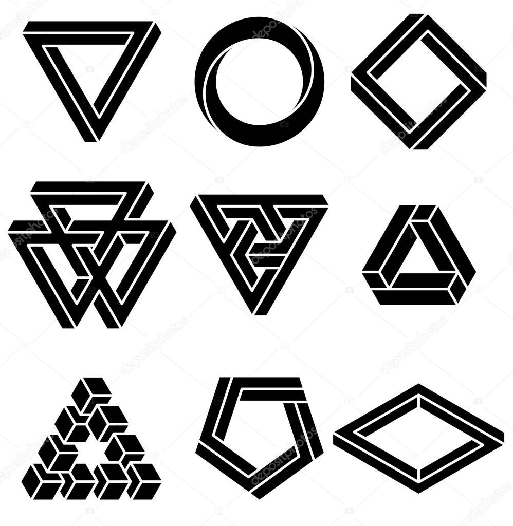Set of impossible shapes. Optical Illusion. Vector Illustration isolated on white. Sacred geometry. Black lines on a white background.