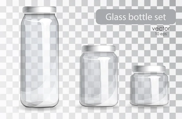 Set de botellas de vidrio transparente. Los bancos realistas . — Vector de stock