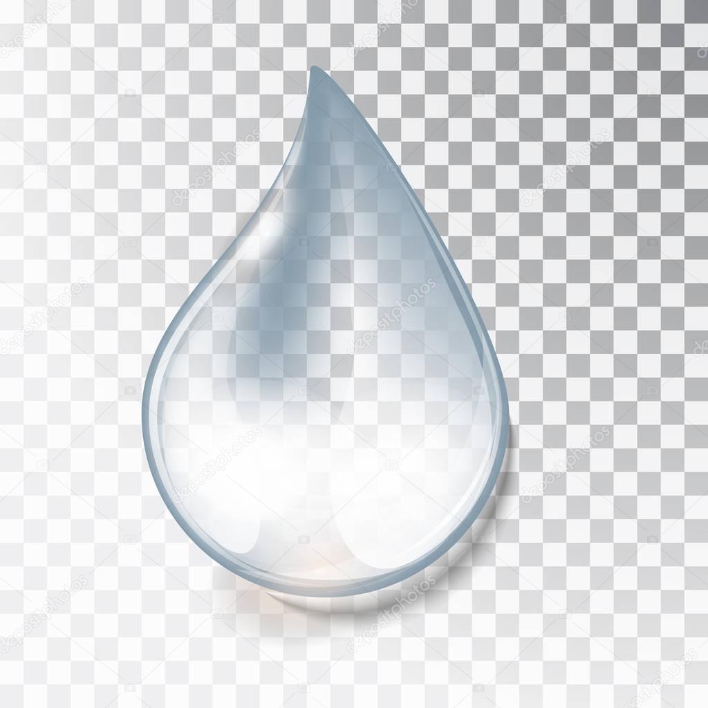 Drop of water on a transparent background. Realistic water drop. Vector illustration. Transparent drop with shadow and reflection