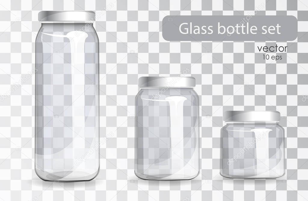 Set of transparent glass bottles. Realistic banks.