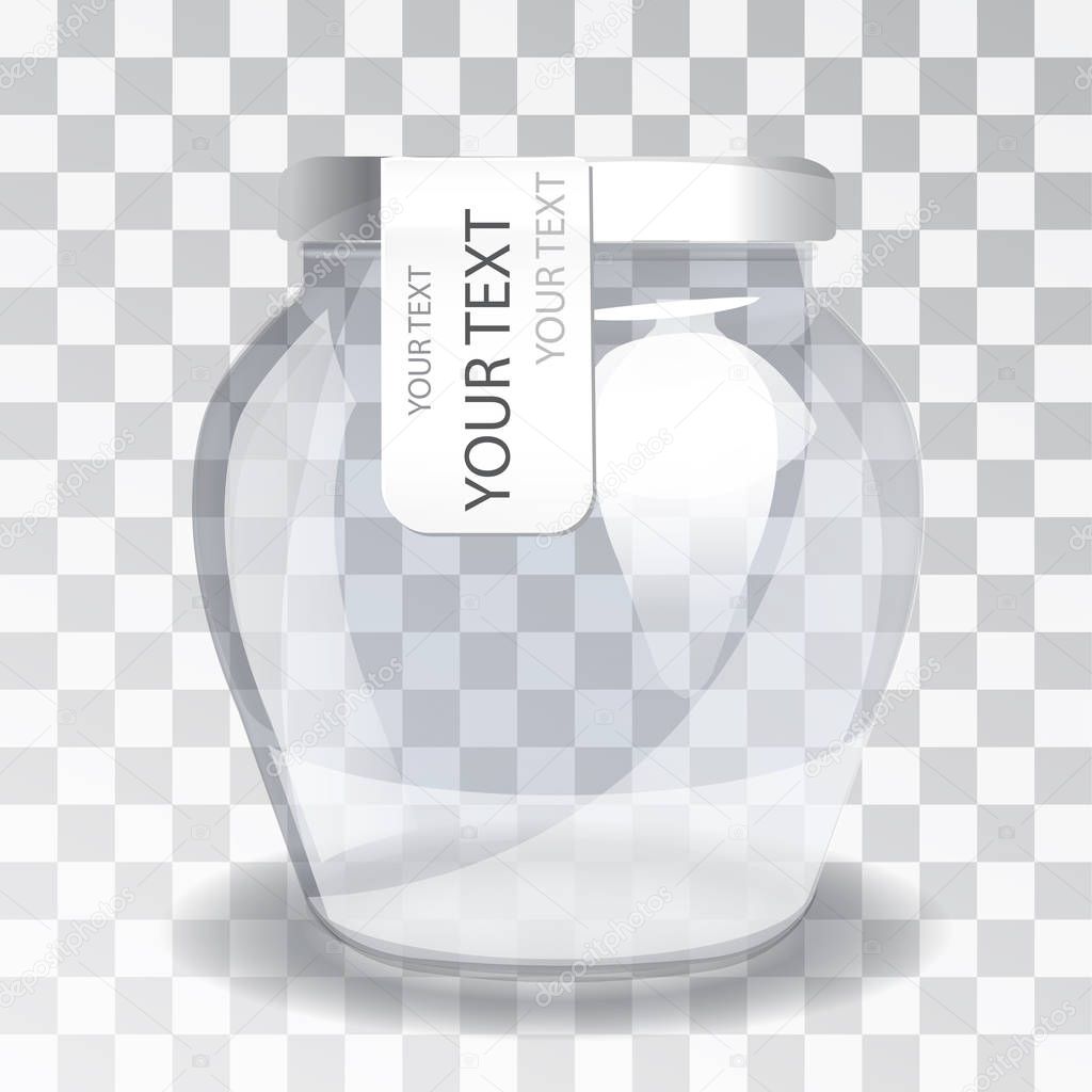 Empty glass jar with a label on a transparent background. The new packaging design.