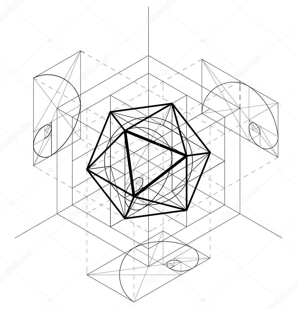 Sacred Geometry construction of the icosahedron. Geometric abstract vector background