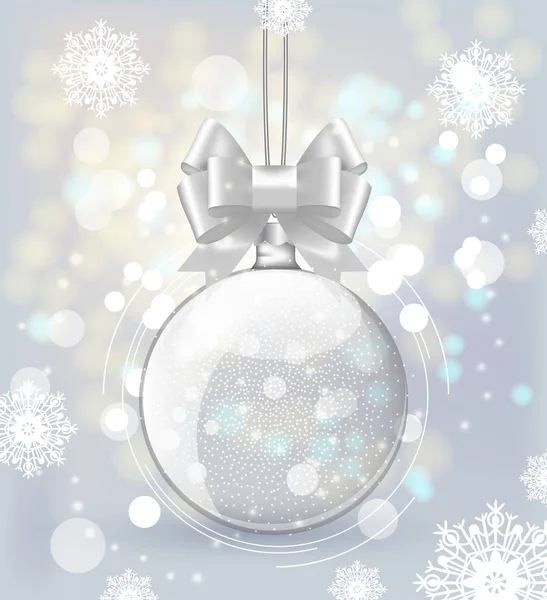 Fundo de Natal com uma esfera transparente com um arco e luzes cintilantes — Vetor de Stock