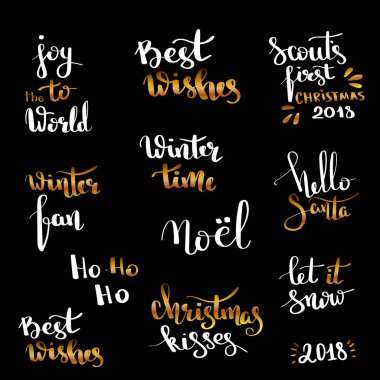 Tasarım kümesi yazı Noel elle çizilmiş. El yazısı Noel tırnak ve modern hat yazı kartpostallar, Etiketler, blog için dilek.