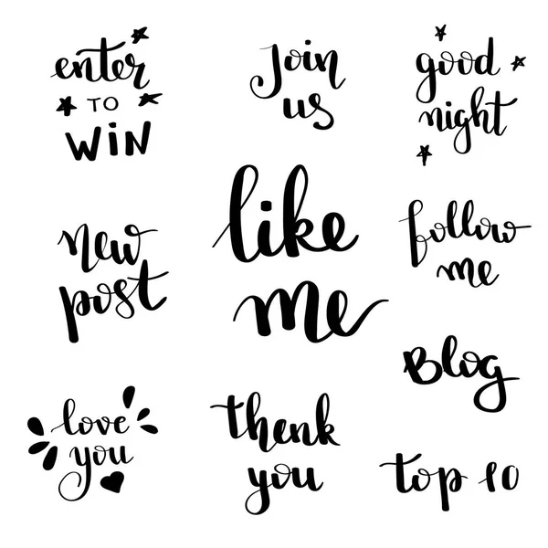 Soziale Netzwerke folgen mir Bannerdesigns gesetzt. Kalligraphie handgezeichneten Text für Blogger. Blog-Schrift. — Stockvektor