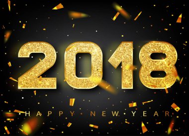 2018 mutlu yeni yıl. Tebrik kartı altın numaraları tasarımı. Altın parlayan desen. Happy New Year Banner parlak zemin üzerine 2018 sayılarla. Vektör çizim