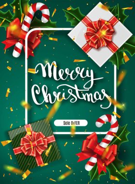 Neşeli Noel yazı tebrik kartı tatil için. Parlayan altın. Kar tanesi deseni ile Dekorasyon Süsleme ile. Altın konfeti düşüyor. Hat Noel yazı. Vektör çizim Eps10