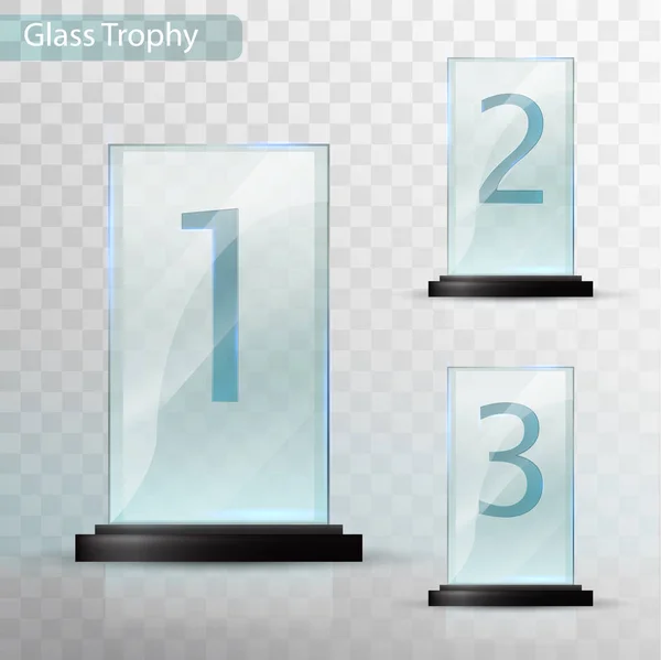 Glas Trophy Award. Uppsättning av koppar - första, andra och tredje plats. Priset mall. Glas trophy mockup stå på klar bas. Realistisk vektor transparenta objekt 10 eps — Stock vektor