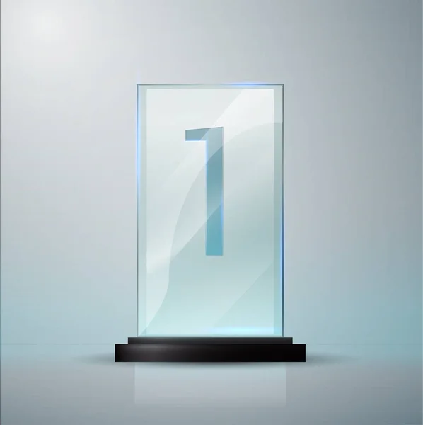 Premio Trofeo de Cristal. El primer lugar es la placa. Mocasín de trofeo de vidrio en base clara. Vector realista objeto transparente 10 eps. Ilustración vectorial . — Archivo Imágenes Vectoriales