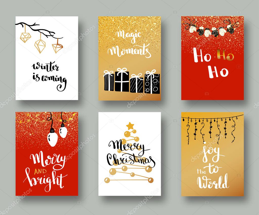 Christmas cards and gift tags with calligraphy. Hand drawn design elements. Handwritten modern lettering. Winter Holiday. Handdrawn lettering. New Year card design elements. Vector.