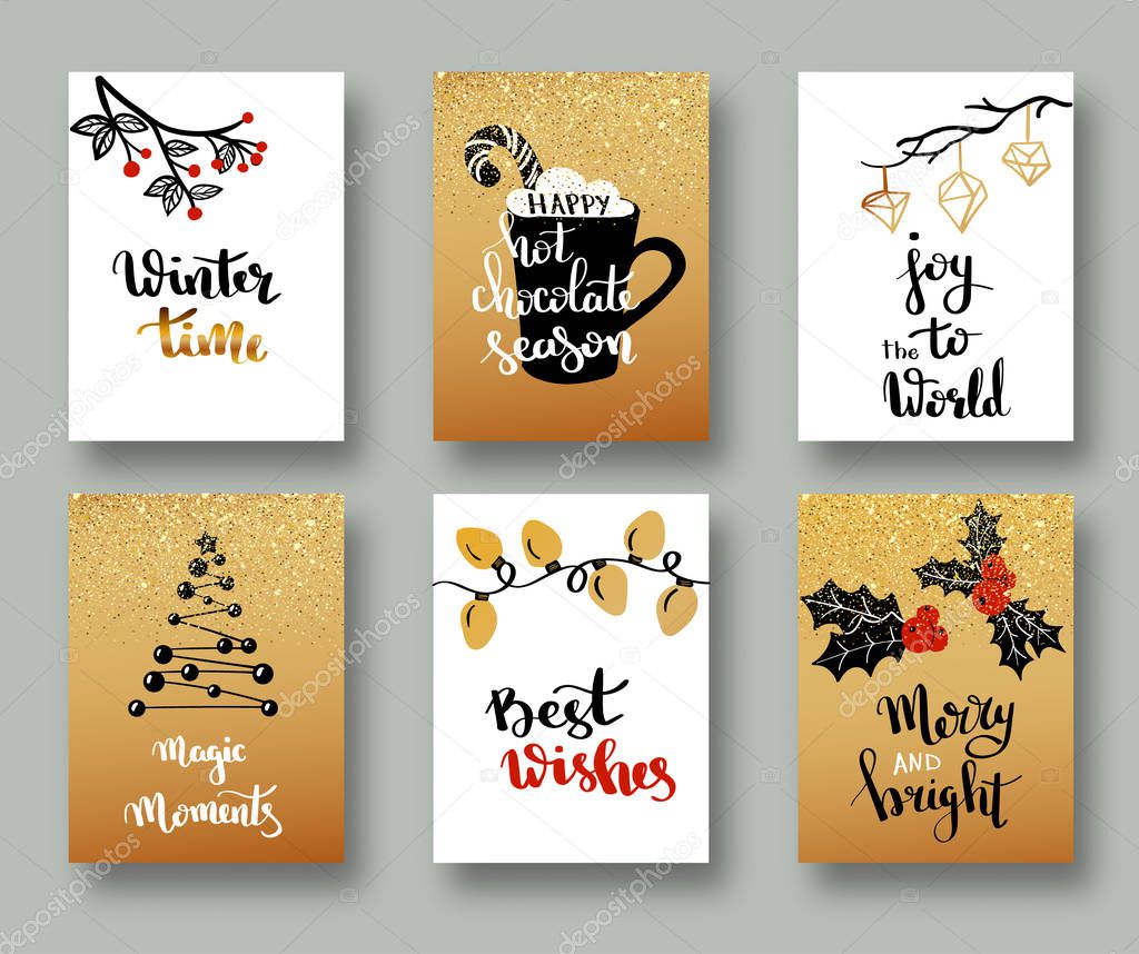 Christmas cards and gift tags with calligraphy. Hand drawn design elements. Handwritten Christmas wishes for holiday greeting cards. Handwritten lettering. Winter Holiday. Handdrawn lettering