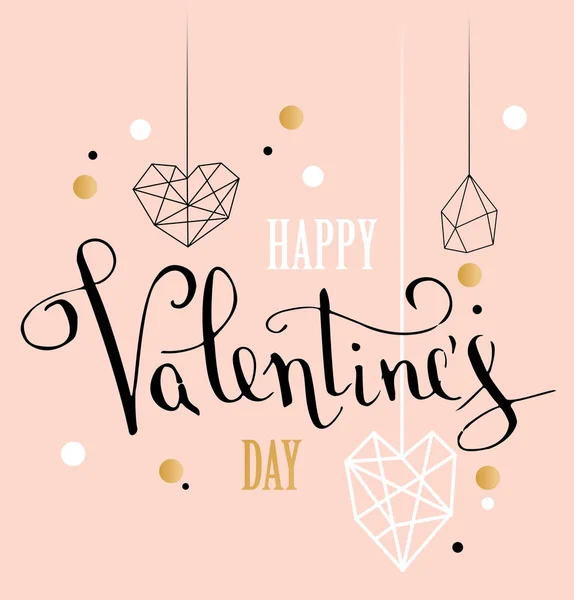 Happy valentines day love greeting card with white low poly style heart shape in golden glitter background — Stock Vector