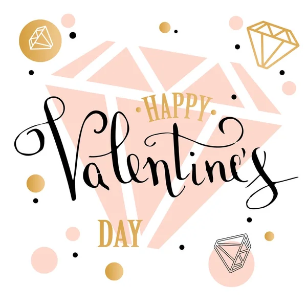 Glückwunschkarte zum Valentinstag mit Diamant in geometrischer Form. Juwelenform im Low-Poly-Stil in goldenem Glitzerhintergrund. Kalligraphie-Schriftzug. Vektorillustration — Stockvektor