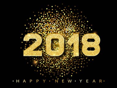 2018 mutlu yeni yıl. Tebrik kartı altın numaraları tasarımı. Altın parlayan desen. Happy New Year Banner parlak zemin üzerine 2018 sayılarla. Vektör çizim