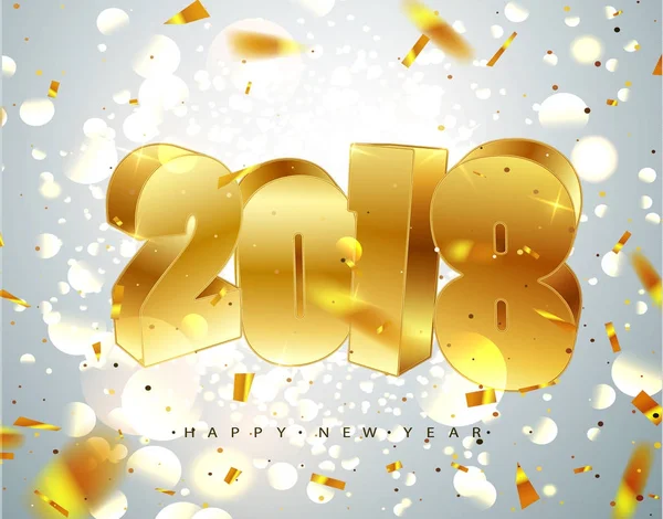 2018 gott nytt år. Gold 3d nummer Design för gratulationskort av faller glänsande konfetti. — Stock vektor