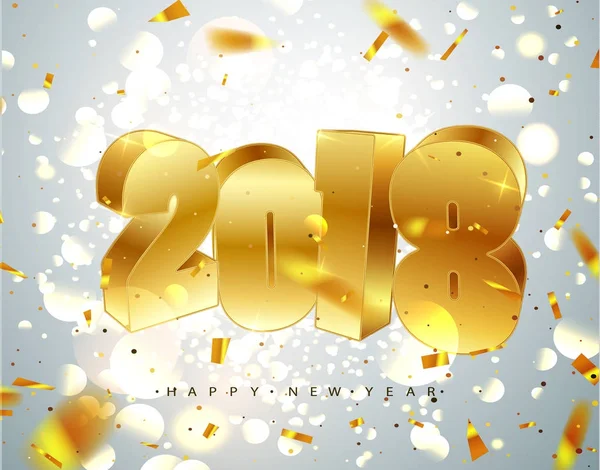 2018 Felice anno nuovo. Numeri d'Oro 3D Progettazione di biglietto d'auguri di Caduta di coriandoli lucenti . — Vettoriale Stock