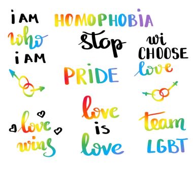 Eşcinsel gurur sloganı ile el harflerle yazılı. İlham verici Lgbt hakları kavramı poster. Eşcinsellik amblemi. Çok renkli Barış bayrağı hareketi. Yazdırma vektör tasarımı