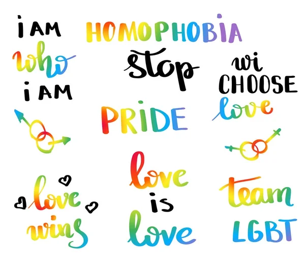 Eşcinsel gurur sloganı ile el harflerle yazılı. İlham verici Lgbt hakları kavramı poster. Eşcinsellik amblemi. Çok renkli Barış bayrağı hareketi. Yazdırma vektör tasarımı — Stok Vektör