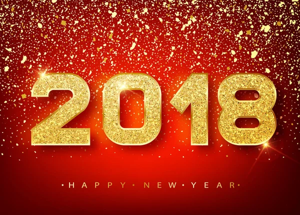 2018 mutlu yeni yıl. Tebrik kartı düşen parlak konfeti altın numaraları tasarımı. Altın parlayan desen. Mutlu yeni yıl afiş ile 2018 numaraları kırmızı parlak zemin üzerine. 10 Eps vektör — Stok Vektör
