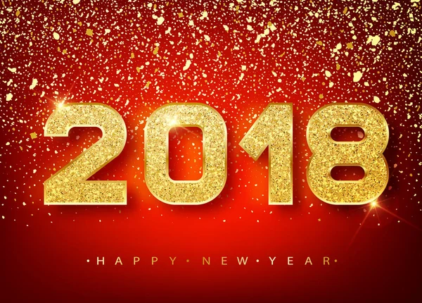 2018 Felice anno nuovo. Numeri d'Oro Disegno di biglietto di auguri di Falling Shiny confetti. Gold Shining Pattern. Felice anno nuovo banner con 2018 numeri su sfondo rosso brillante. Vettore 10 EPS — Vettoriale Stock