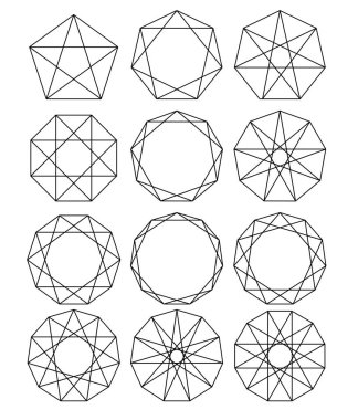 Geometrik şekiller kümesi. Kutsal geometri. bir daire içinde yazılı çokgen geçiş satırları. Siyah bir zemin üzerine beyaz çizgiler. Mandala çerçeveler anahat. Kristal formu. Vektör çizimler
