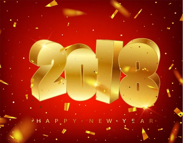 2018 Feliz año nuevo. Números de Oro Diseño de la tarjeta de felicitación de Falling Shiny confetti. Patrón de oro brillante. Feliz Año Nuevo Banner con números de 2018 en rojo brillante fondo. Vector 10 EPS — Vector de stock