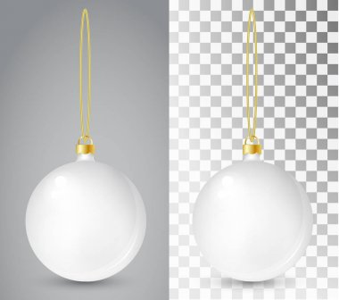 Saydam bir arka plan üzerinde beyaz cam Noel oyuncak. Noel süslemeleri çorap. Tasarım, mocap şeffaf vektör nesnesi. Vektör çizim. 10 Eps.
