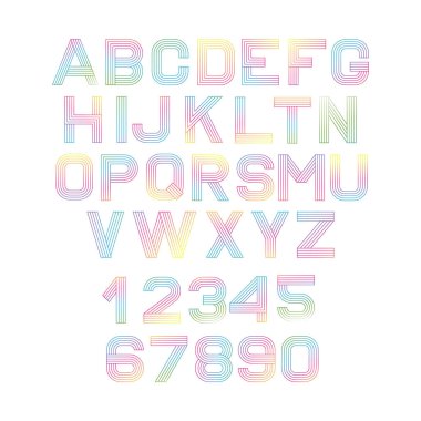 Vektör Lineer yazı tipi. Alfabe çok renkli çizgiler. Sade ve minimalist alfabesi mono çizgi stili ile. Dijital alfabesi