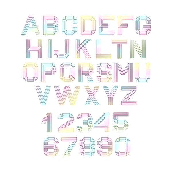 Vector linjära teckensnitt. Alphabet mångfärgade linjer. Enkel och minimalistisk alfabetet i mono-line stil. Digitala alfabetet — Stock vektor